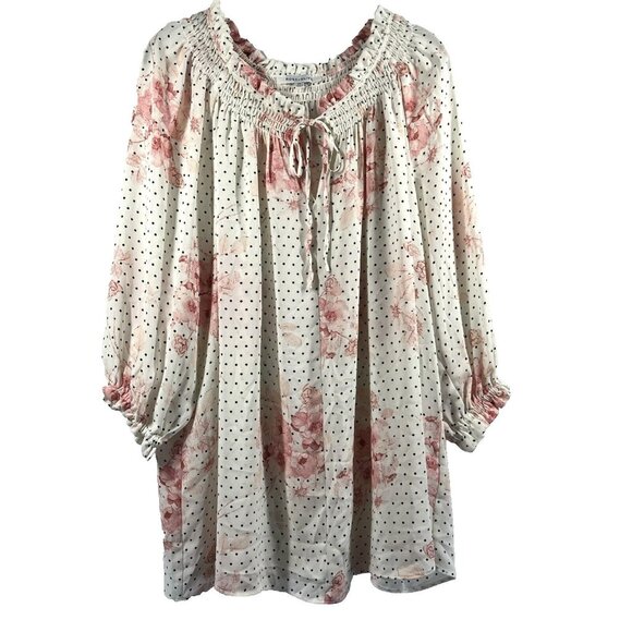 Rose & Olive Woman Plus Top Size 2X Peasant Pink White Black Floral Puff Sleeves - Picture 1 of 6